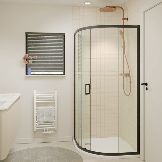 Luca Varess Vidor coin douche quart de rond avec porte coulissante 90 x 90 cm verre transparent profil noir mat