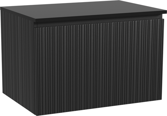 Storke Ribs zwevend badmeubel 75 x 52 cm zwart eiken met Panton enkel wastafelblad in gepoedercoate mdf mat zwart, Verticale asymmetrische rechte ribbel