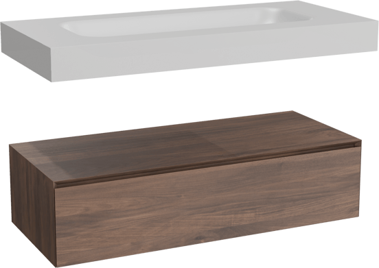 Balmani Mitra Elements zwevend badmeubel 120 x 55 cm Amerikaanse notenhout met Arcato enkele wastafel voor 2 kraangaten in solid surface mat wit