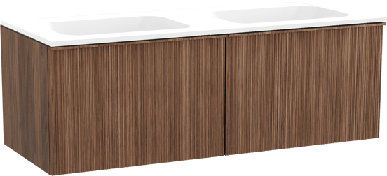 Balmani Forma hängendes Möbelstück Set: 135 x 55 cm, Amerikanischer Nussbaum, mit Tablo Strada Doppelwaschtisch, Marmorkomposit, Weiß matt, Vertikale asymmetrische Runde Rippe