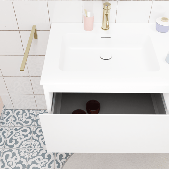 Storke Edge hängendes Möbelstück Set: 135 x 52 cm, Weiß glänzend, mit Mata Einzelwaschtisch, Solid Surface Weiß matt