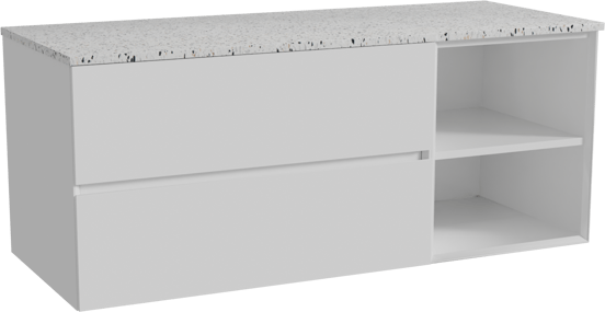 Storke Edge hängendes Möbelstück Set: 130 x 52 cm, Weiß glänzend, mit Tavola Einzel- oder Doppel Waschtischplatte, Terrazzo in Weiß/Schwarz matt