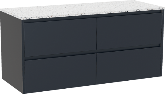 Storke Seda meuble salle de bains suspendu 130 x 52 cm bleu nuit avec Tavola tablette simple ou double en blanc/noir mat terrazzo