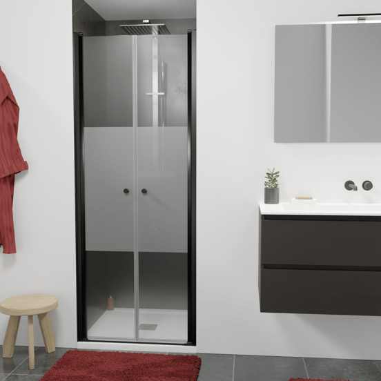 Luca Varess Kuresa douche pendeldeur 80 x 200 cm helder glas met matte strook mat zwart profiel