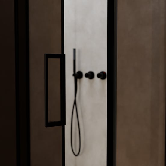 Balmani Senses Design douchecabine met linkse draaideur en vaste zijwand, 100 x 100 cm, Brons, Zwarte profielen