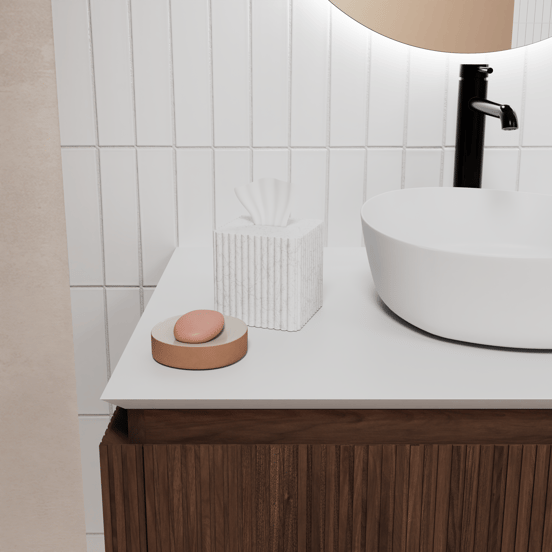 Balmani Eclips meuble salle de bains suspendu 180 x 55 cm Noyer américain avec Eclips tablette simple ou double vasque en Solid Surface blanc mat, Nervure droite symétrique verticale