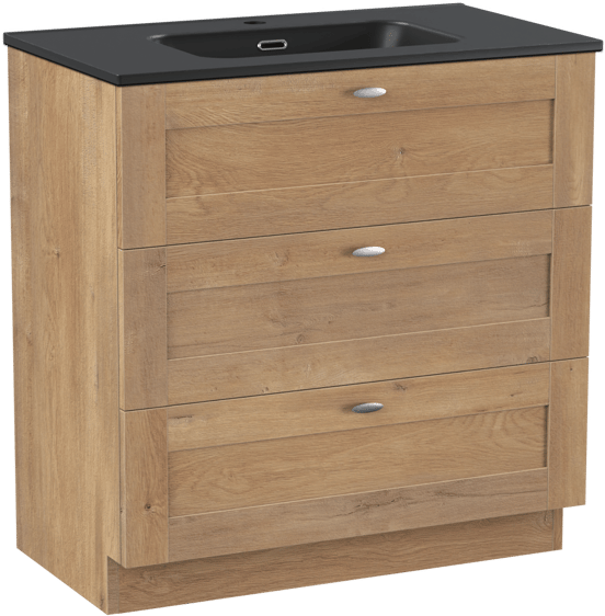 Linie Classo freistehendes Möbelstück Set: 80 x 46 cm, Naturbelassene Eiche, mit Baro Einzelwaschtisch, Porzellan Schwarz matt