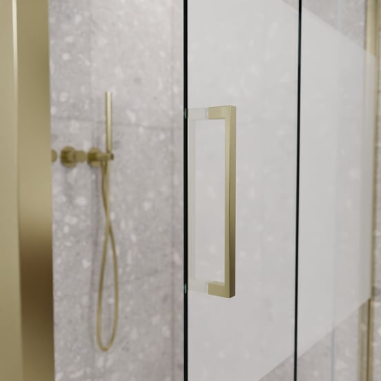Balmani Senses Design douchecabine met rechtse schuifdeur en vaste zijwand, 160 x 80 cm, Helder glas met matte strook, Brushed Champagne Gold profielen