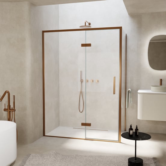 Balmani Senses Design douchecabine met linkse draaideur en vaste zijwand, 140 x 90 cm, Helder glas, Brushed Rosegold profielen, met coating