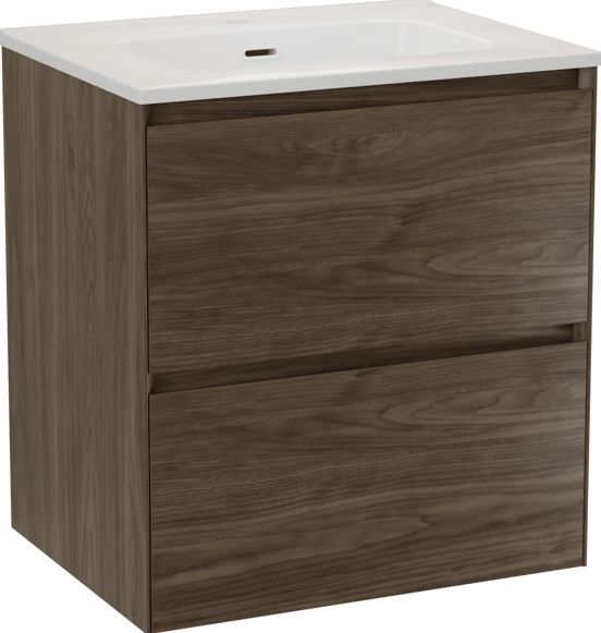 Balmani Mitra Compact hängendes Möbelstück Set: 60 x 46 cm, Amerikanischer Nussbaum, mit Nostra Einzelwaschtisch Porzellan glänzend Weiβ