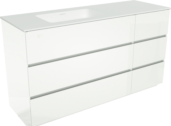 Storke Edge freistehendes Möbelstück Set: 150 x 52 cm, Weiß glänzend, mit Mata Waschtisch links, Solid Surface Weiß matt