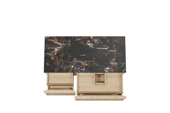 Balmani Forma zwevend badmeubel 120 x 55 cm naturel eiken met Stretto enkel wastafelblad in marmer portoro gold, Verticale asymmetrische ronde ribbel