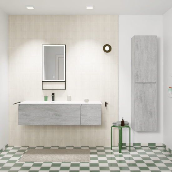 Storke Edge zwevend badmeubel 140 x 52 cm beton donkergrijs met Mata asymmetrisch linkse wastafel in solid surface mat wit