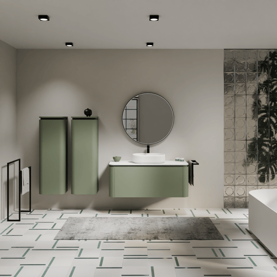 Balmani Moon meuble salle de bains suspendu 130 x 55 cm vert sauge avec Moon tablette simple ou double en solid surface blanc mat