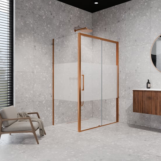 Balmani Senses Design douche d'angle avec porte coulissante à droite et paroi latérale fixe, 160 x 90 cm, Verre transparent avec bande mate, Profil Brushed Rosegold, coating inclus