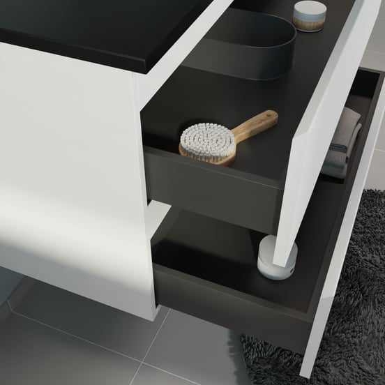 Linie Lado zwevend badmeubel 60 x 46 cm mat wit met Vano enkele wastafel in composietmarmer mat zwart