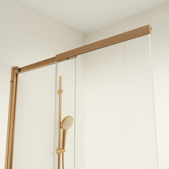 Luca Varess Vetras uitschuifbare badwand 100 cm helder glas geborsteld Rosegold profiel