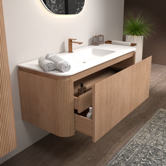 Balmani Moon zwevend badmeubel 130 x 55 cm naturel eiken met Moon enkele wastafel in solid surface mat wit, Verticale symmetrische rechte ribbel