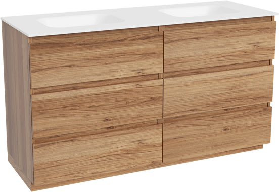 Balmani Lucida staand badmeubel 150 x 55 cm teakhout met Tablo Arcato dubbele wastafel in solid surface mat wit