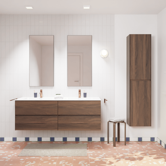 Storke Edge zwevend badmeubel 150 x 52 cm notenhout met Mata dubbele wastafel in solid surface mat wit