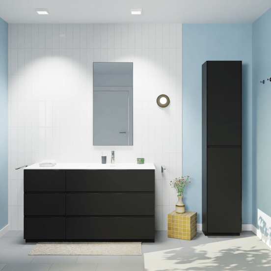 Storke Edge staand badmeubel 140 x 52 cm mat zwart met Mata asymmetrisch rechtse wastafel in solid surface mat wit