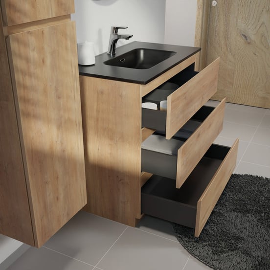 Linie Lado staand badmeubel 80 x 46 cm naturel eiken met Baro enkele wastafel in porselein mat zwart