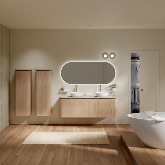 Balmani Moon hängendes Möbelstück Set: 160 x 55 cm, Naturbelassene Eiche, mit Moon Einzel- oder Doppel Waschtischplatte, Terrazzo in Greige