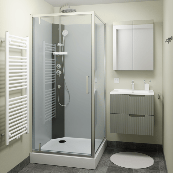 Linie Salta cabine de douche avec portes pivotantes 90 x 90 cm verre transparent profil chrome avec robinet