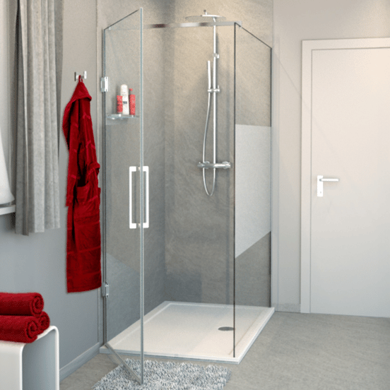 Balmani Modular douche de plain-pied avec porte gauche 140 x 200 cm verre transparent avec bande matte profil chrome brillant