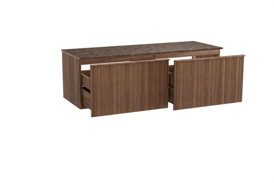 Balmani Forma meuble salle de bains suspendu 150 x 55 cm noyer américain avec Stretto tablette simple ou double en marbre dark emperador, Nervure circulaire asymétrique verticale