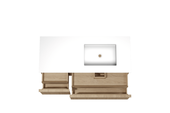 Balmani Forma zwevend badkamermeubel 135 x 55 cm natuur eik met Tablo Stretto asymmetrisch rechtse wastafel in solid surface mat wit, Verticale symmetrische rechte ribbel