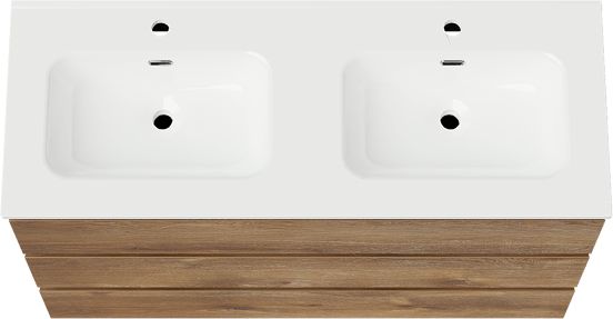 Linie Lado freistehendes Möbelstück Set: 120 x 46 cm, Braune Eiche, mit Baro Doppelwaschtisch, Porzellan Weiß glänzend