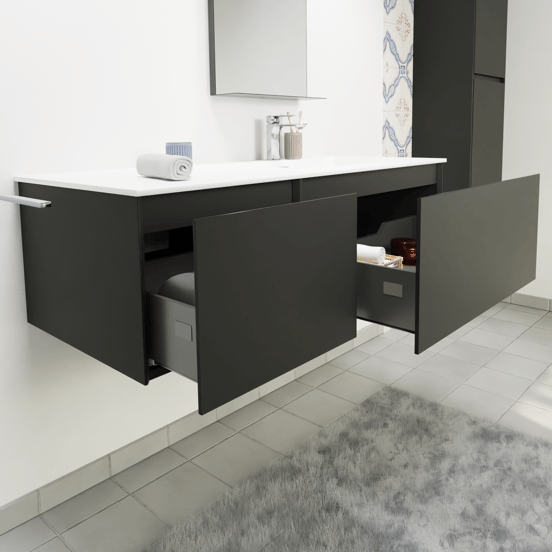 Storke Edge hängendes Möbelstück Set: 120 x 52 cm, Schwarz matt, mit Mata Waschtisch rechts, Solid Surface Weiß matt