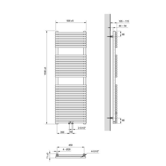Vipera Vesuvio enkele handdoekradiator 50 x 150 cm elektrische verwarming mat wit zij- en middenaansluiting 1.044W, weerstand inbegrepen