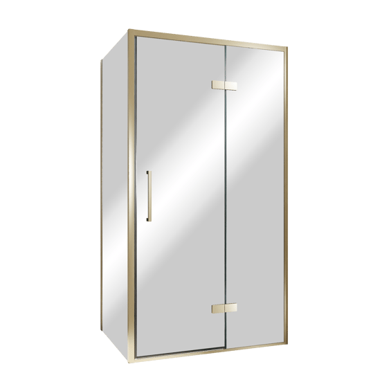 Balmani Senses Design douchecabine met rechtse draaideur en vaste zijwand, 100 x 100 cm, Reflex spiegelglas, Brushed Champagne Gold profielen