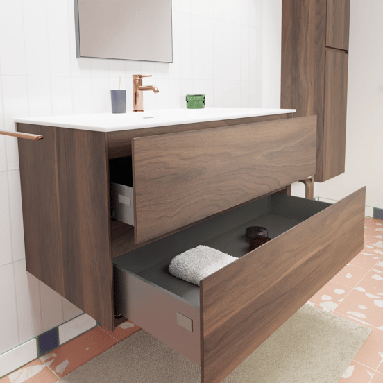 Storke Edge zwevend badmeubel 95 x 52 cm notenhout met Mata enkele wastafel in solid surface mat wit