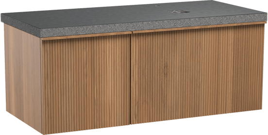 Balmani Forma zwevend badmeubel 120 x 55 cm teakhout met Rock asymmetrisch rechtse wastafel in zwart graniet, Verticale symmetrische rechte ribbel