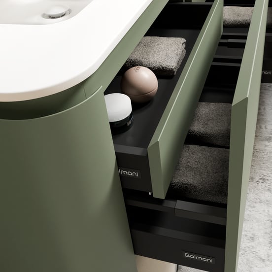 Balmani Moon zwevend badmeubel 130 x 55 cm saliegroen met Moon enkele wastafel in solid surface mat wit