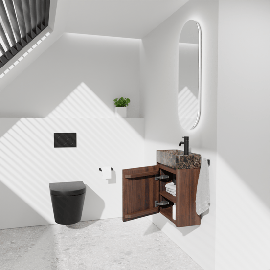 Balmani Fara zwevend toiletmeubel 45 x 22 cm amerikaans notenhout met Fara wastafel in Dark Emperador marmer