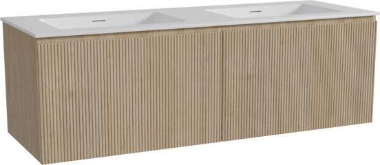 Storke Ribs zwevend badmeubel 150 x 52 cm ruw eiken met Mata dubbele wastafel in solid surface mat wit, Verticale symmetrische rechte ribbel