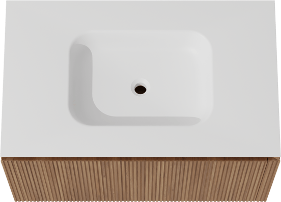 Balmani Eclips zwevend badmeubel 90 x 55 cm Teakhout met Eclips enkele wastafel in Solid Surface mat wit, Verticale symmetrische rechte ribbel