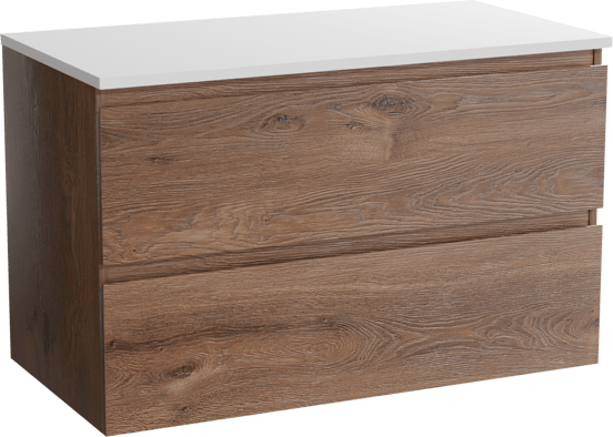 Linie Lado hängendes Möbelstück Set: 90 x 46 cm, Braune Eiche, mit Lado Einzel Waschtischplatte, Marmorkomposit Weiß matt