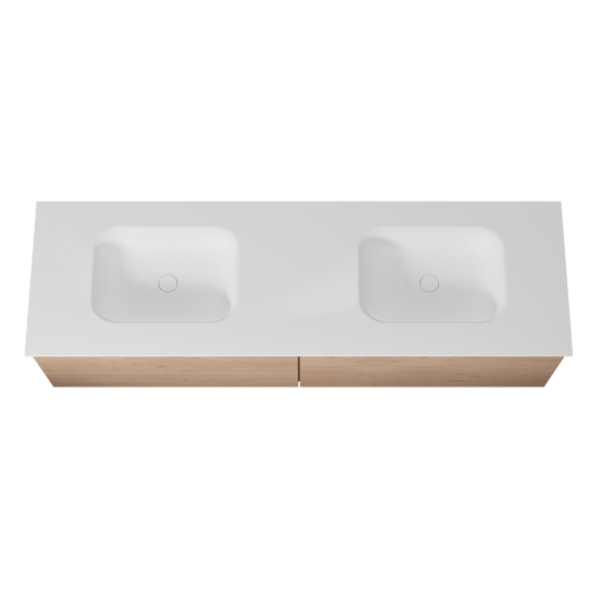Balmani Forma meuble salle de bains suspendu 180 x 55 cm chêne naturel avec Tablo Arcato double vasque en solid surface blanc mat, Nervure droite symétrique horizontale