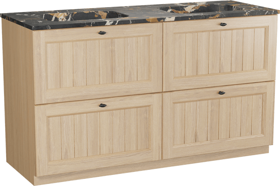 Balmani Lemon freistehendes Möbelstück Set: 150 x 55 cm, Naturbelassene Eiche Furnier, mit Tablo Arcato Doppelwaschtisch, Portoro Gold