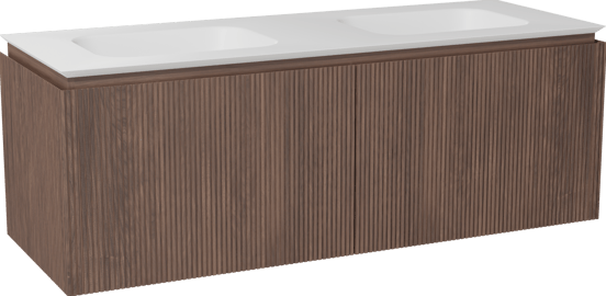 Balmani Eclips zwevend badkamermeubel 150 x 55 cm Amerikaanse notelaar met Eclips dubbele wastafel in Solid Surface mat wit, Verticale symmetrische rechte ribbel