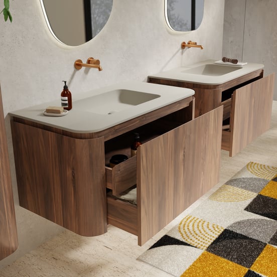 Balmani Moon hängendes Möbelstück Set: 100 x 55 cm, Amerikanischer Nussbaum, mit Moon Einzelwaschtisch, Top Solid Seidengrau