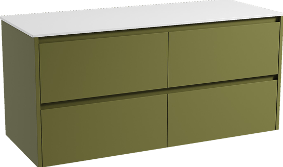 Storke Seda zwevend badmeubel 130 x 52 cm olijfgroen met Tavola enkel of dubbel wastafelblad in solid surface mat wit