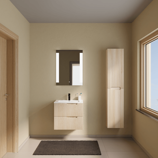 Linie Ribbo zwevend badkamermeubel 60 x 46 cm lichte eik met Vano enkele wastafel in composietmarmer glanzend wit, Verticale symmetrische ronde ribbel