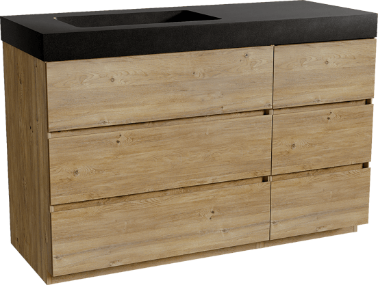 Storke Edge staand badmeubel 130 x 52 cm ruw eiken met Scuro High asymmetrisch linkse wastafel in kwarts mat zwart