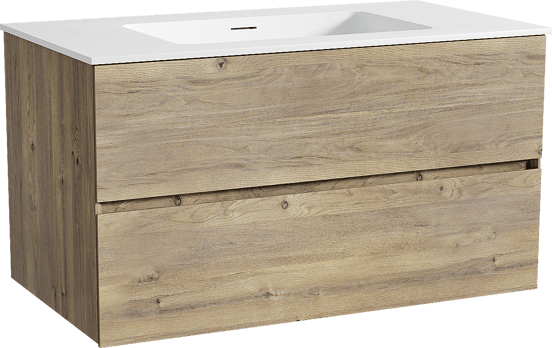 Storke Edge zwevend badmeubel 95 x 52 cm ruw eiken met Mata enkele wastafel in solid surface mat wit